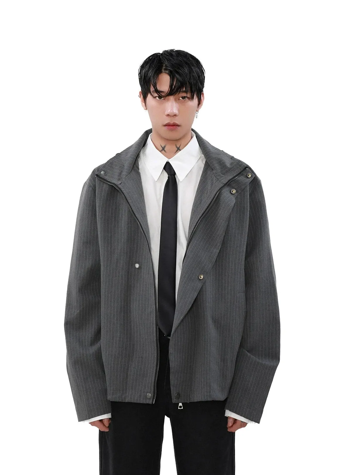Pinstripe Hooded Zip Jacket with Snap Button Closure