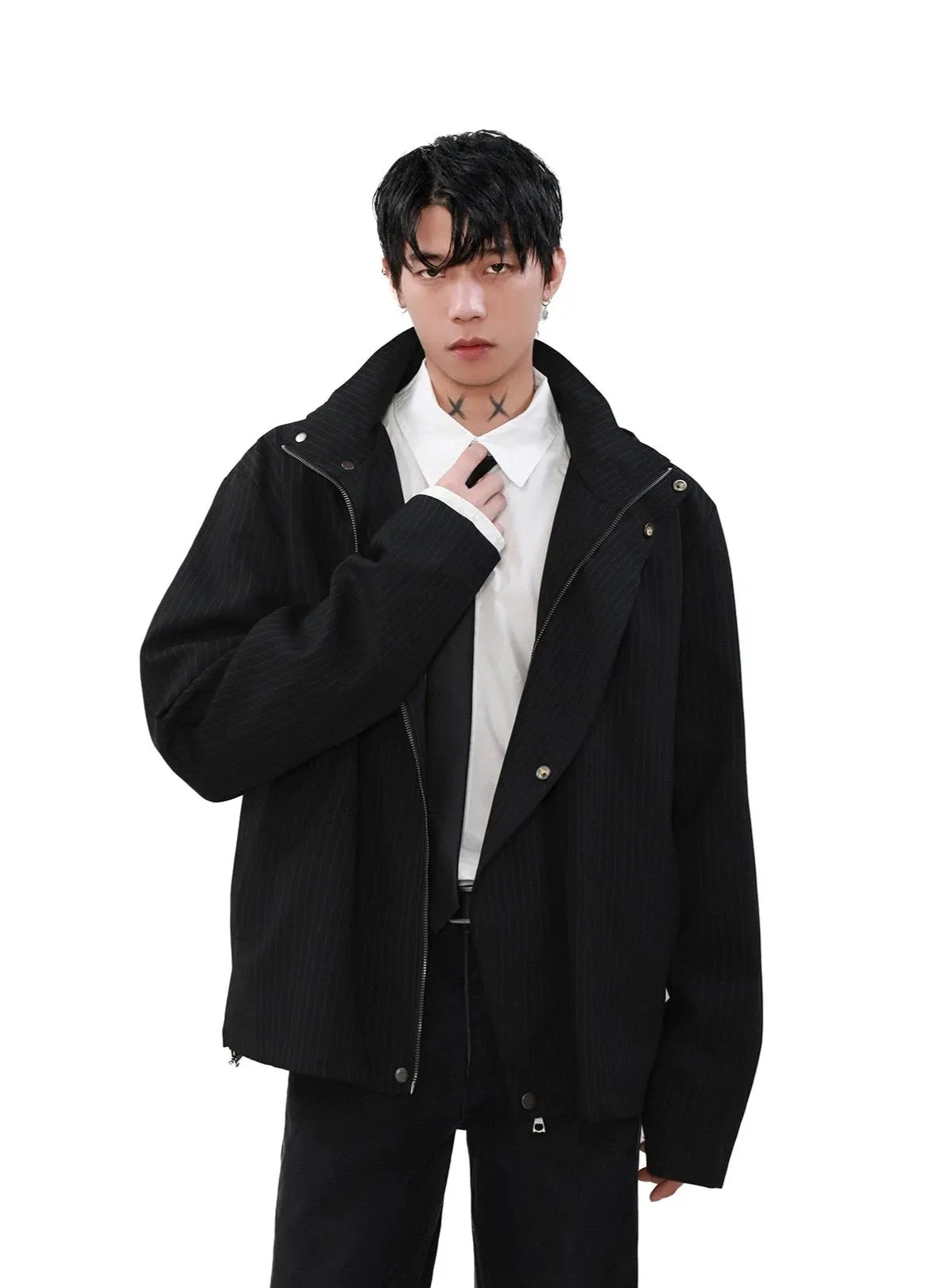 Pinstripe Hooded Zip Jacket with Snap Button Closure