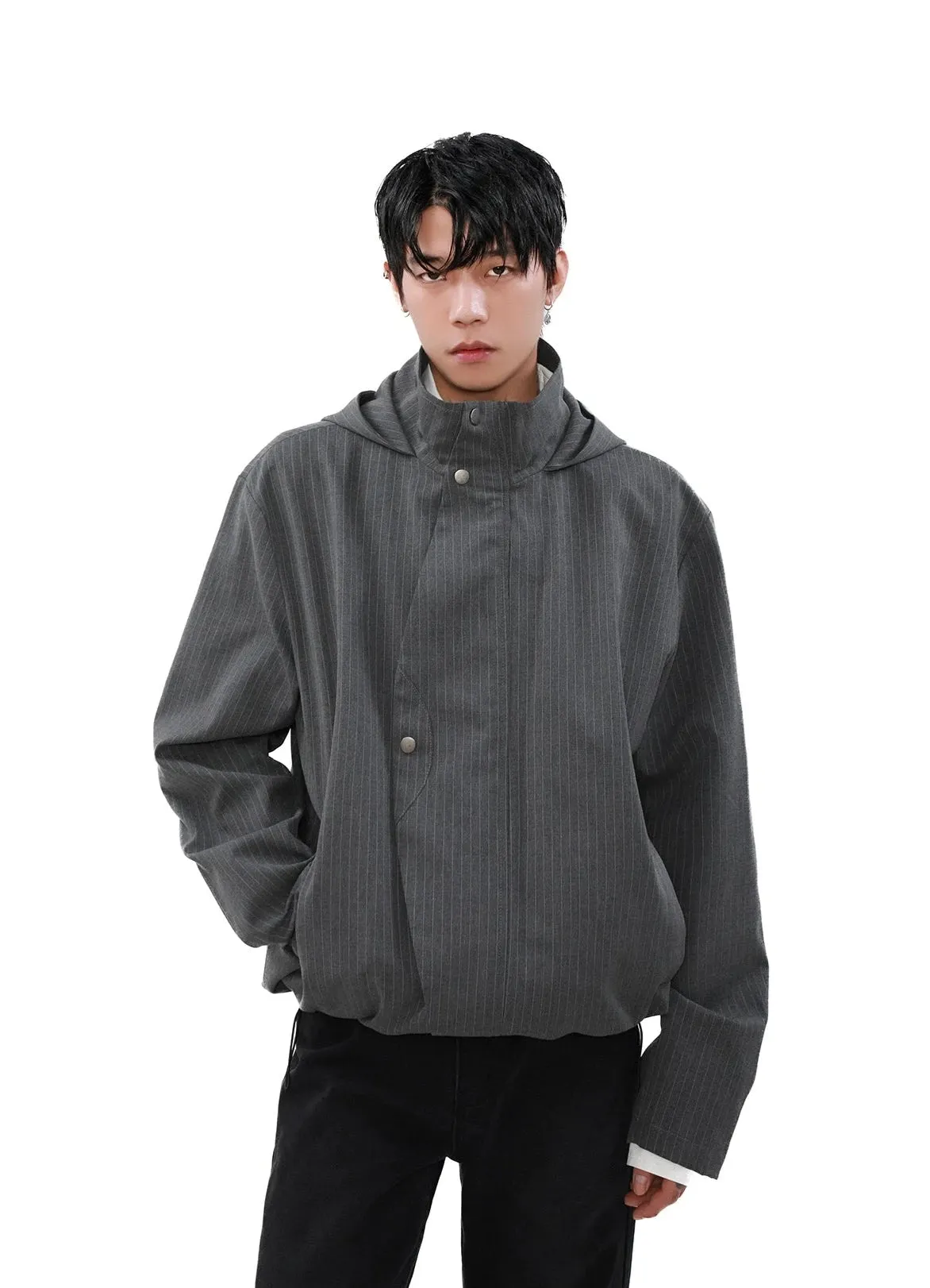 Pinstripe Hooded Zip Jacket with Snap Button Closure