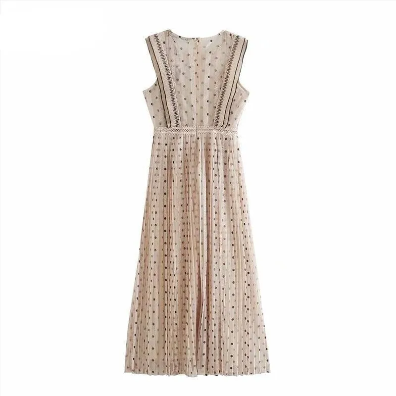 Pleated Midi Polka Dot Lace Dress