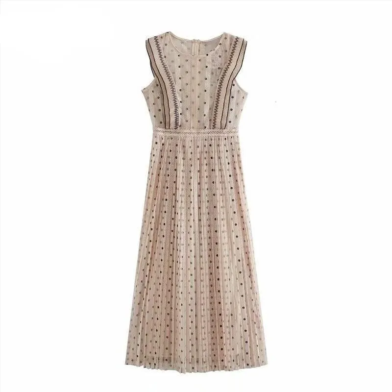 Pleated Midi Polka Dot Lace Dress