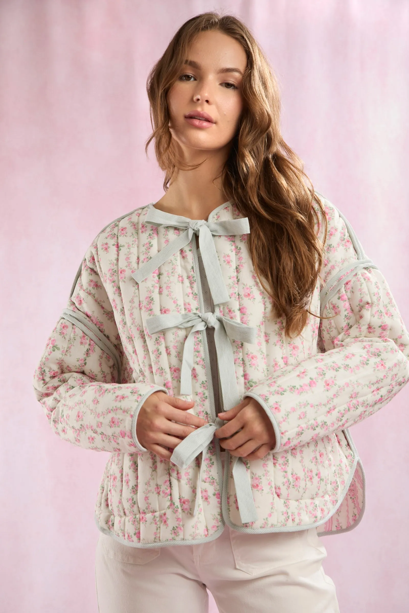 Printed Reversible Front Tie Quilted Jacket