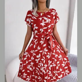 Printed Round Neck Short Sleeve Pleated Dress