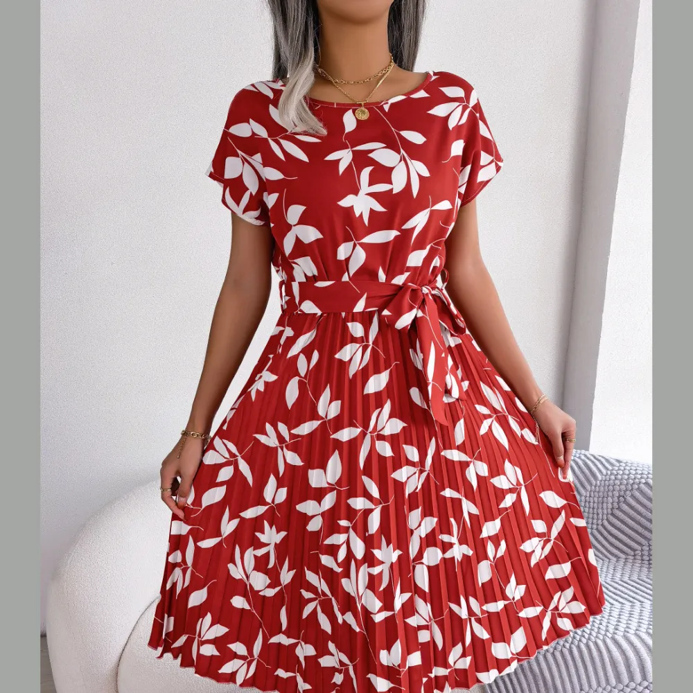 Printed Round Neck Short Sleeve Pleated Dress