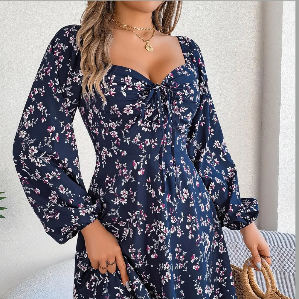 Printed Sweetheart Neck Balloon Sleeve Mini Dress