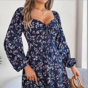 Printed Sweetheart Neck Balloon Sleeve Mini Dress