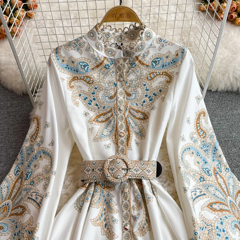 Printed Waist Single-breasted Dress