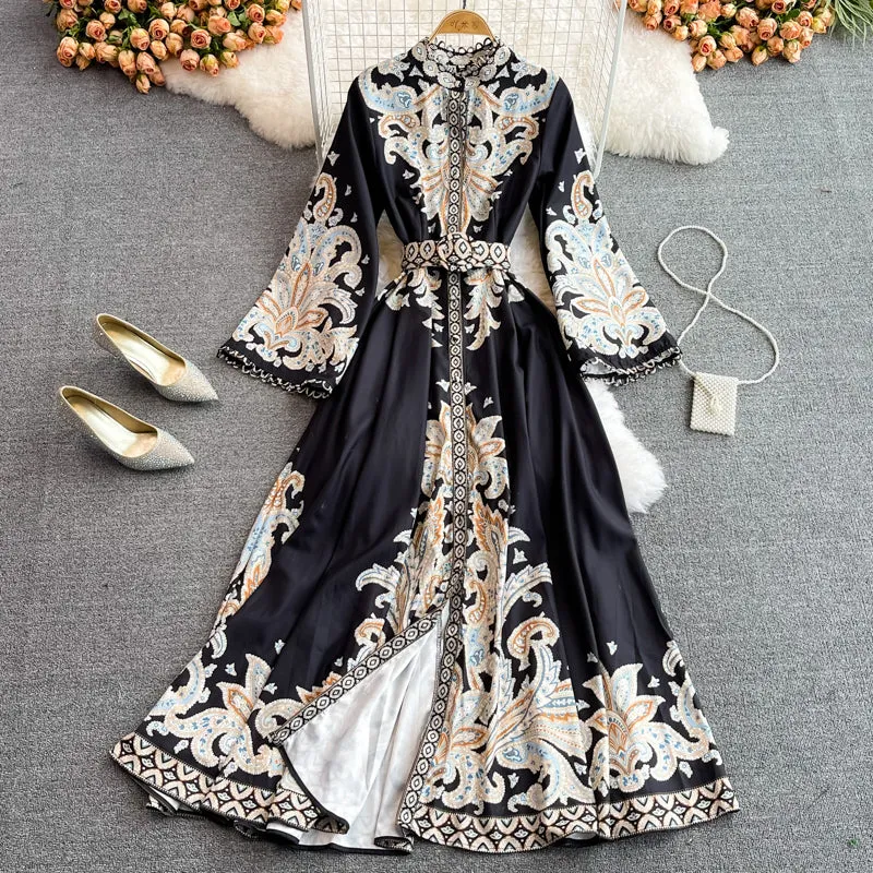 Printed Waist Single-breasted Dress