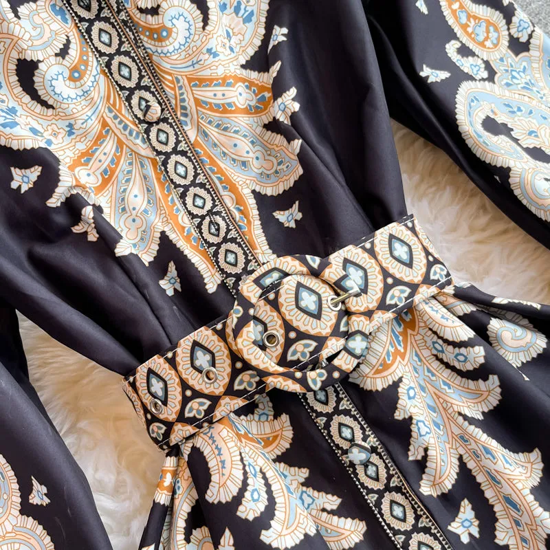 Printed Waist Single-breasted Dress