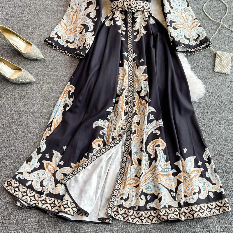 Printed Waist Single-breasted Dress