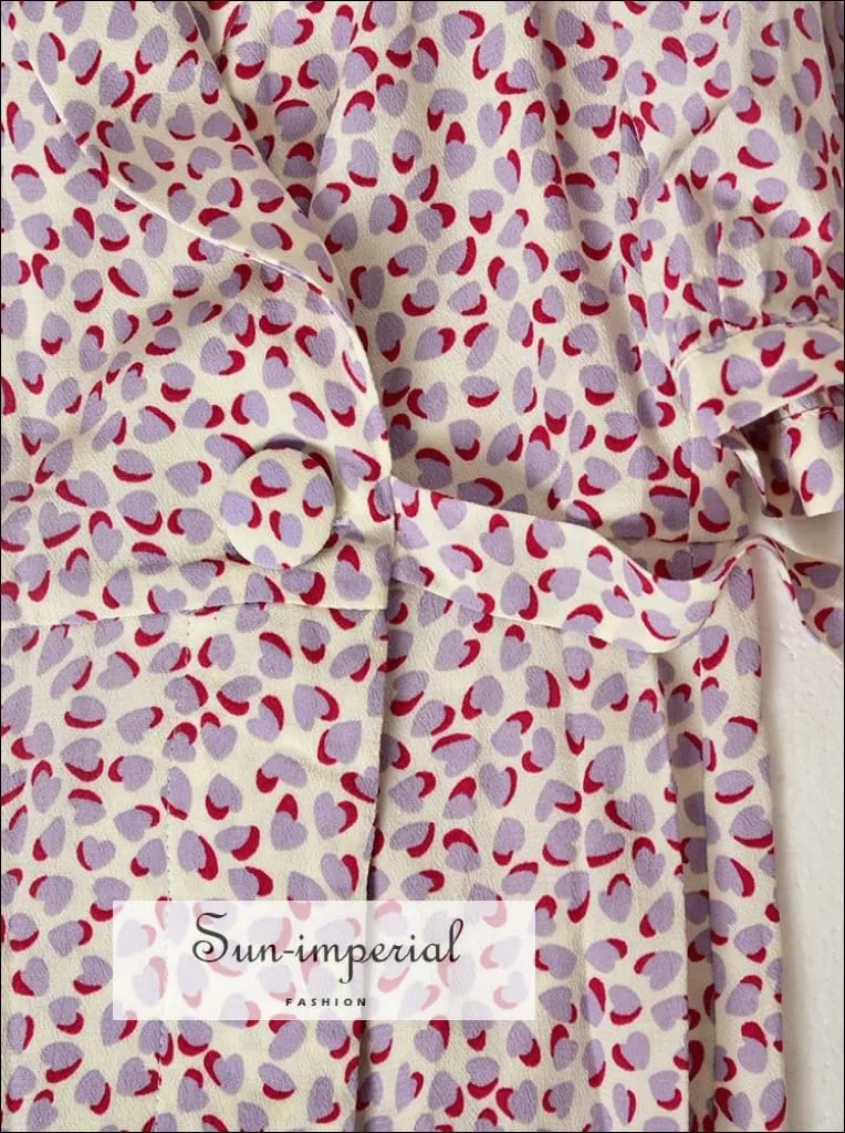 Purple  Heart Print V-neck Short Puff Sleeve Wrap Mini Dress