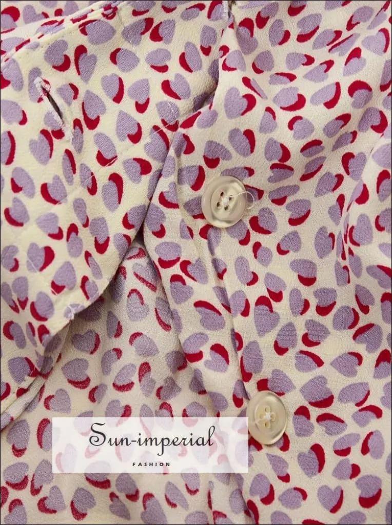 Purple  Heart Print V-neck Short Puff Sleeve Wrap Mini Dress