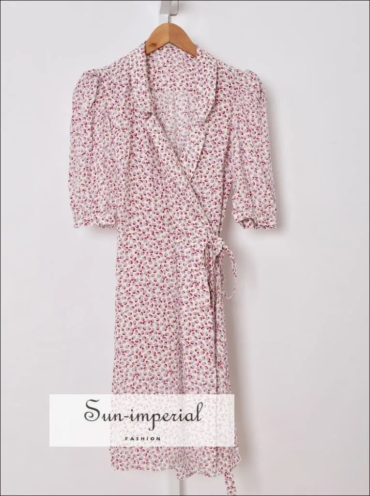 Purple  Heart Print V-neck Short Puff Sleeve Wrap Mini Dress