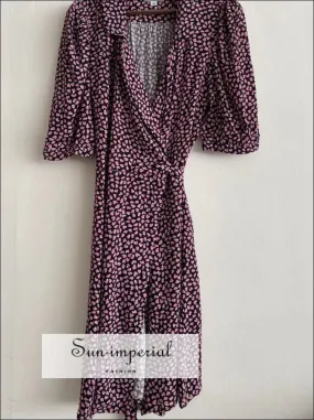 Purple  Heart Print V-neck Short Puff Sleeve Wrap Mini Dress