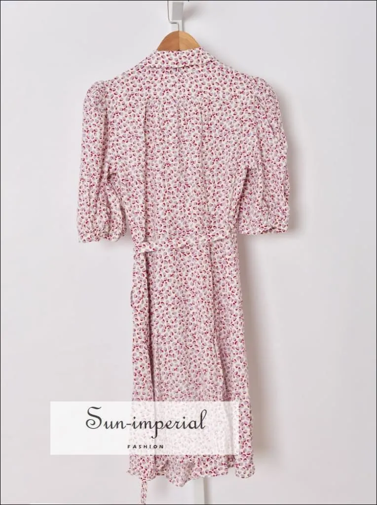 Purple  Heart Print V-neck Short Puff Sleeve Wrap Mini Dress