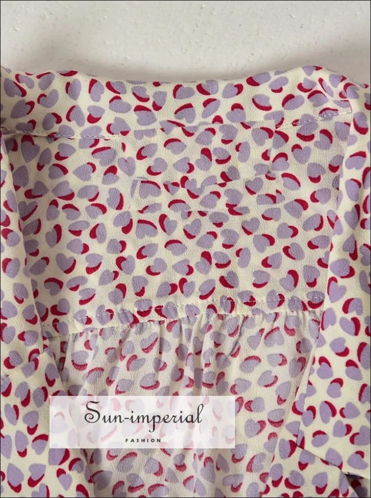Purple  Heart Print V-neck Short Puff Sleeve Wrap Mini Dress
