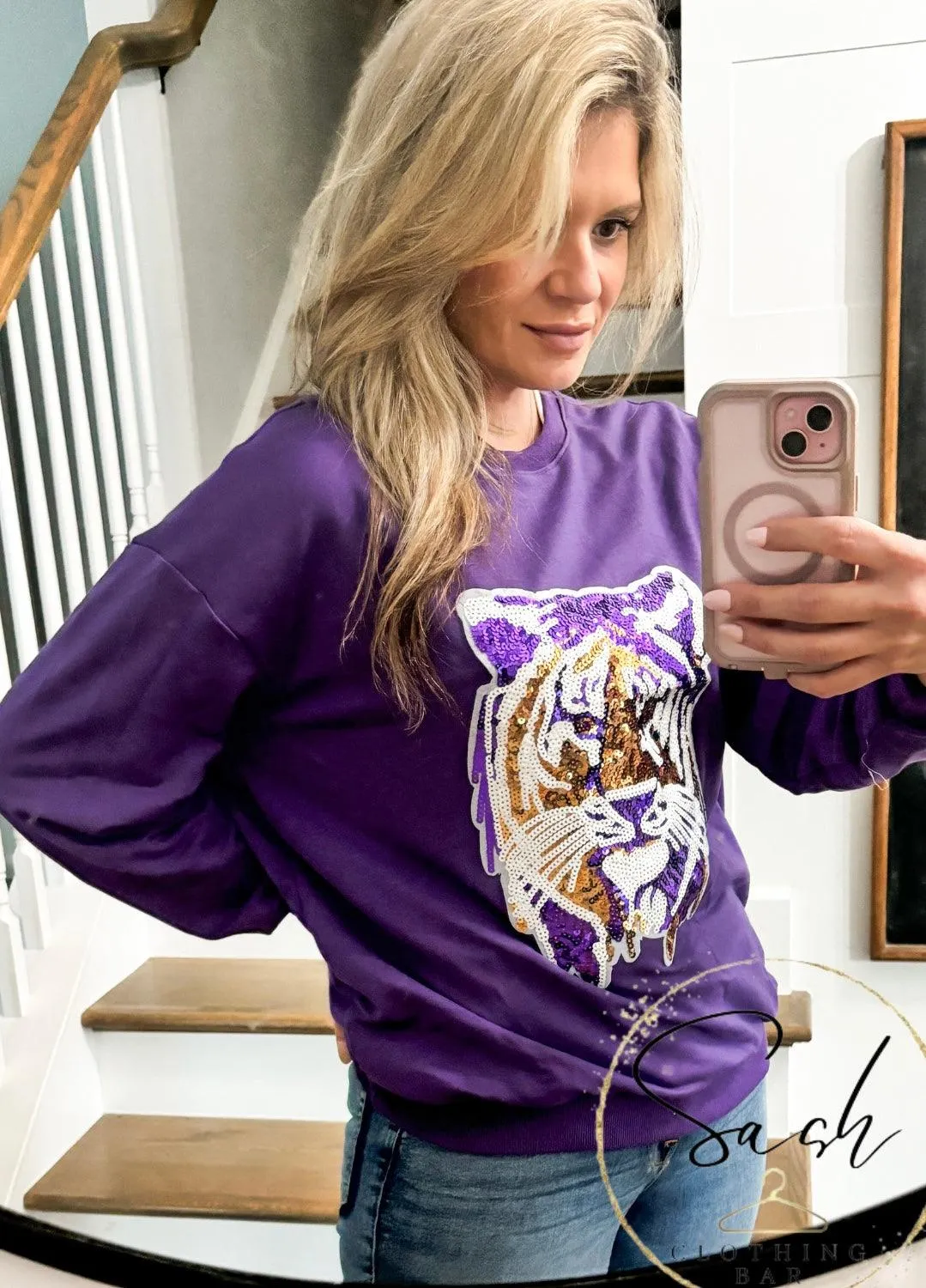 Purple Tiger Sequin Patch Sweatshirt