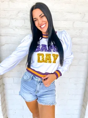 Queen Of Sparkles White, Purple, & Gold Jeweled Game Day Poof Sleeve Sweater