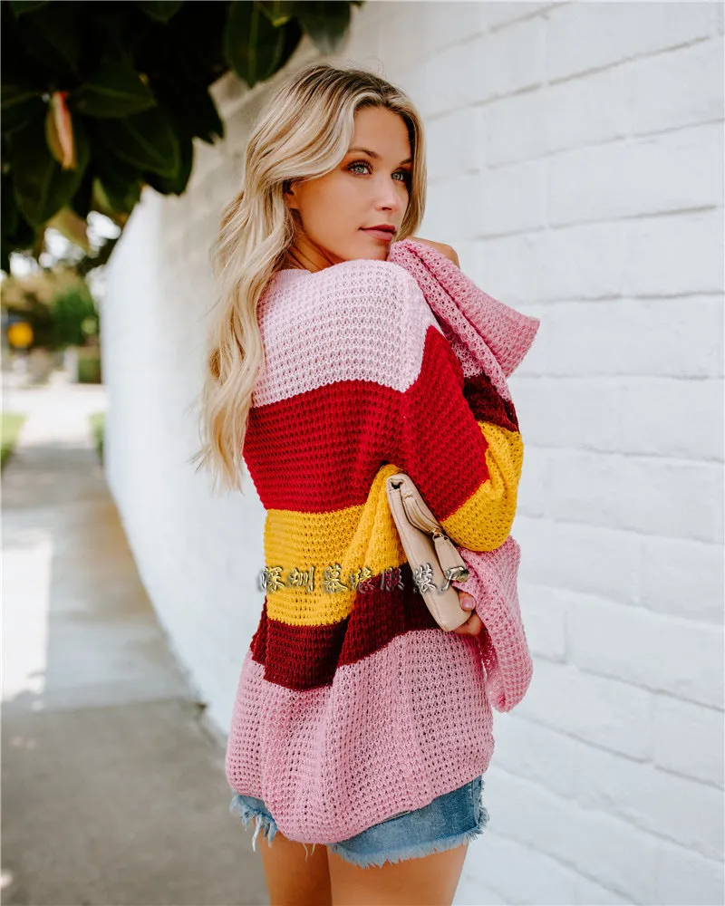 Rainbow Stripes Color Block Loose Long Trumpet Sleeves Women Sweater