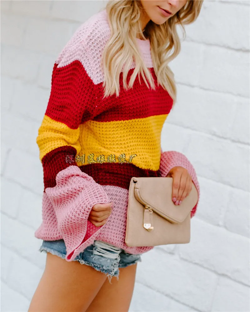Rainbow Stripes Color Block Loose Long Trumpet Sleeves Women Sweater