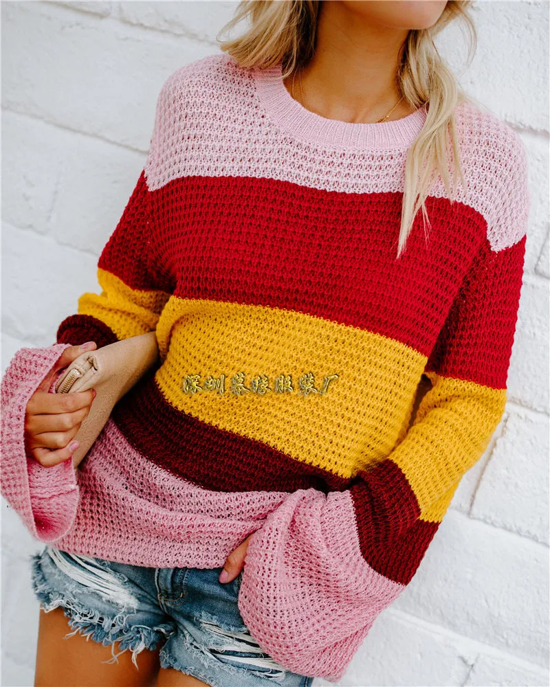 Rainbow Stripes Color Block Loose Long Trumpet Sleeves Women Sweater