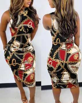 Red Chain Scarf Print Sleeveless Ruched Bodycon Dress