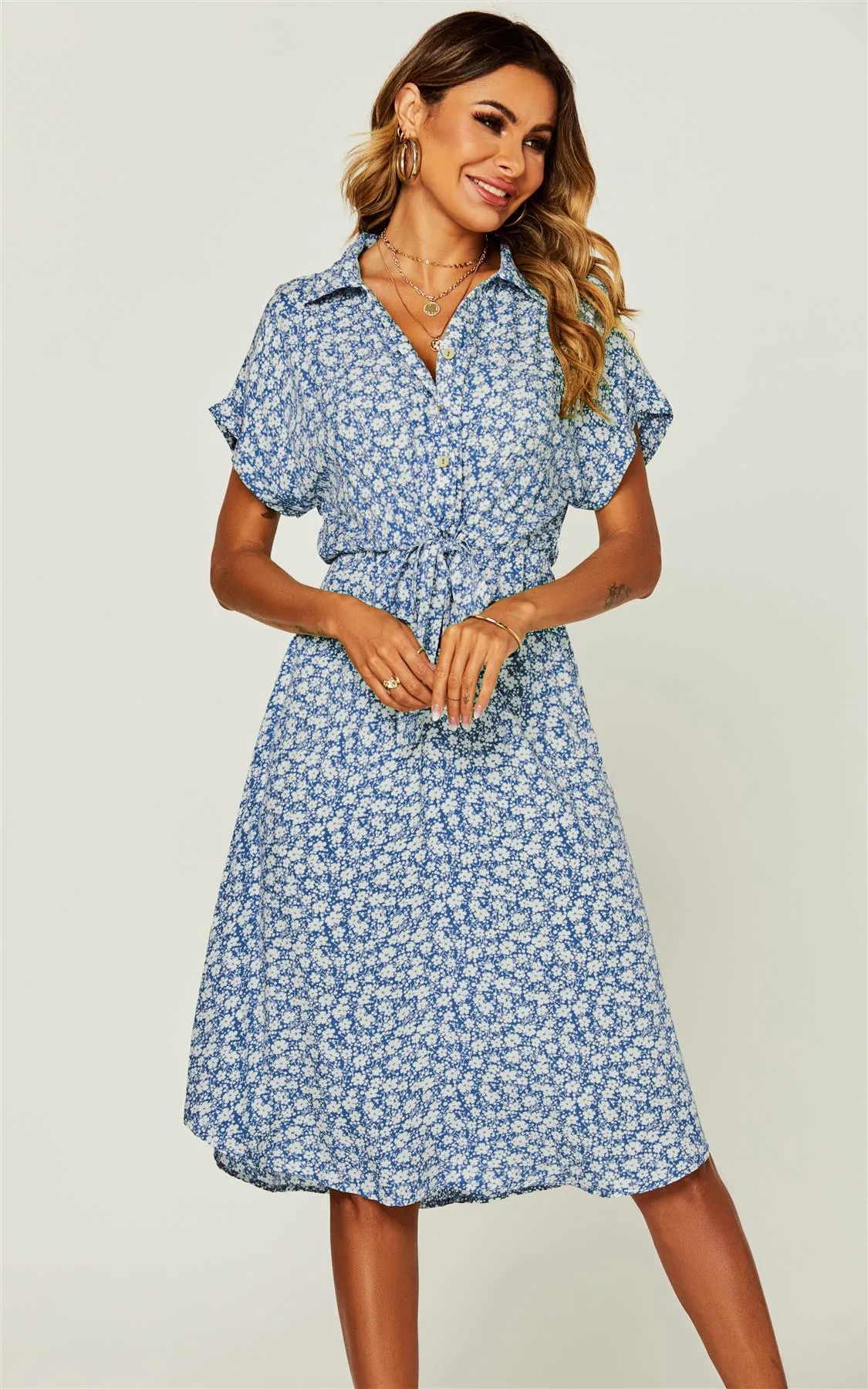 Relaxed Floral Print Button Down Midi Shirt Dress In Blue