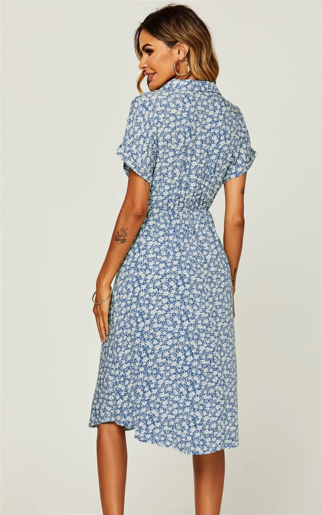 Relaxed Floral Print Button Down Midi Shirt Dress In Blue