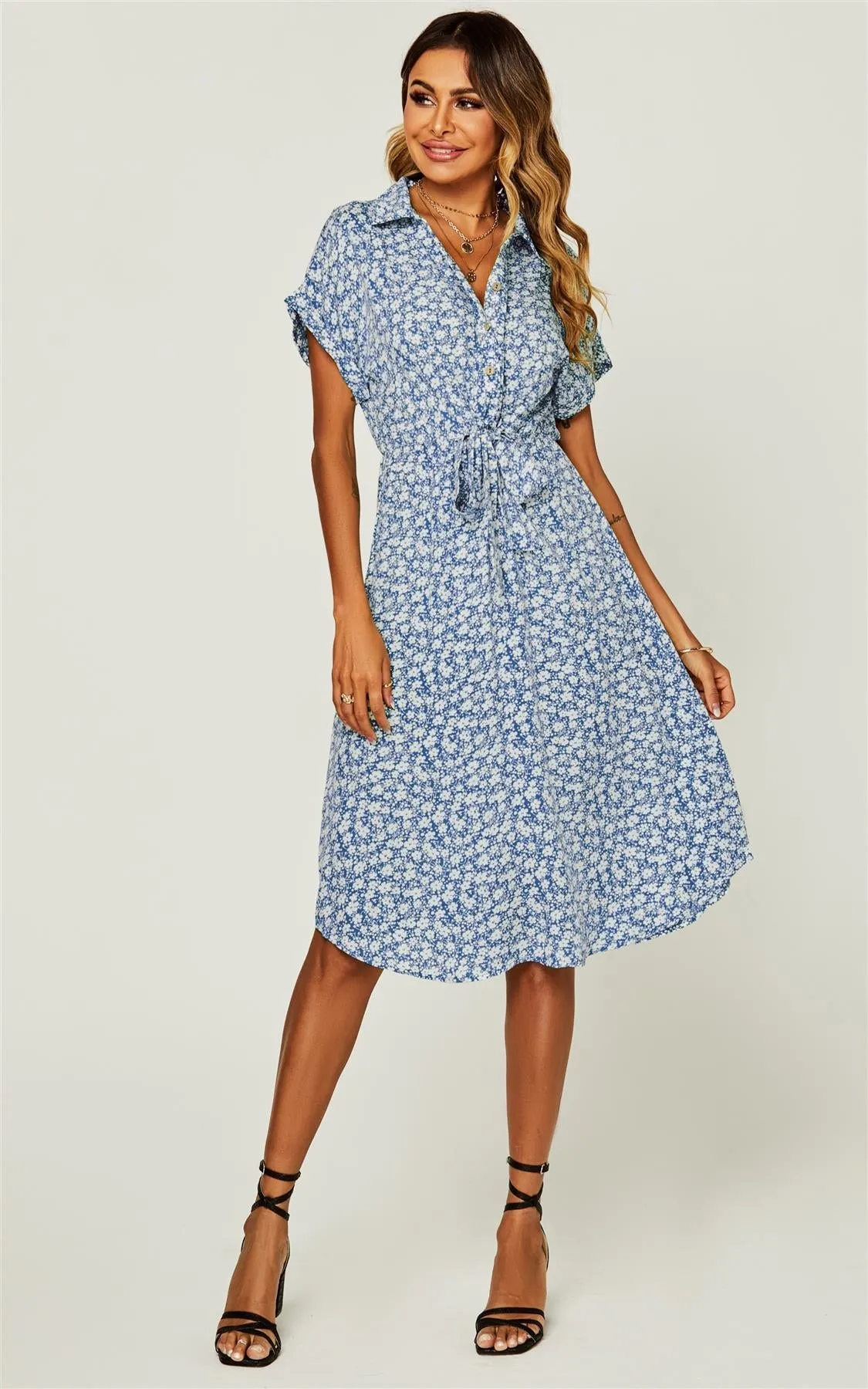 Relaxed Floral Print Button Down Midi Shirt Dress In Blue