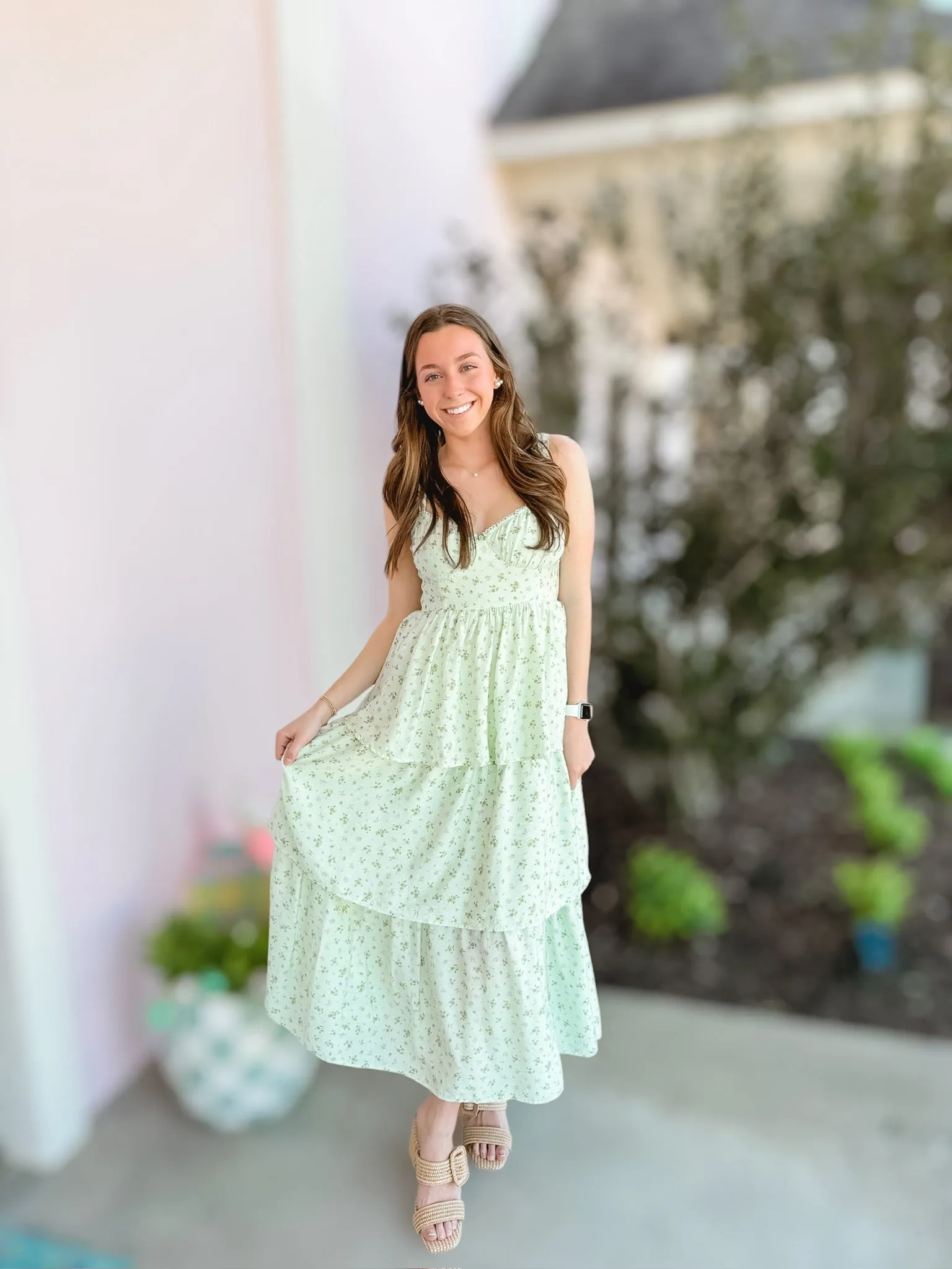 Sage Floral Corset Ruffle Dress