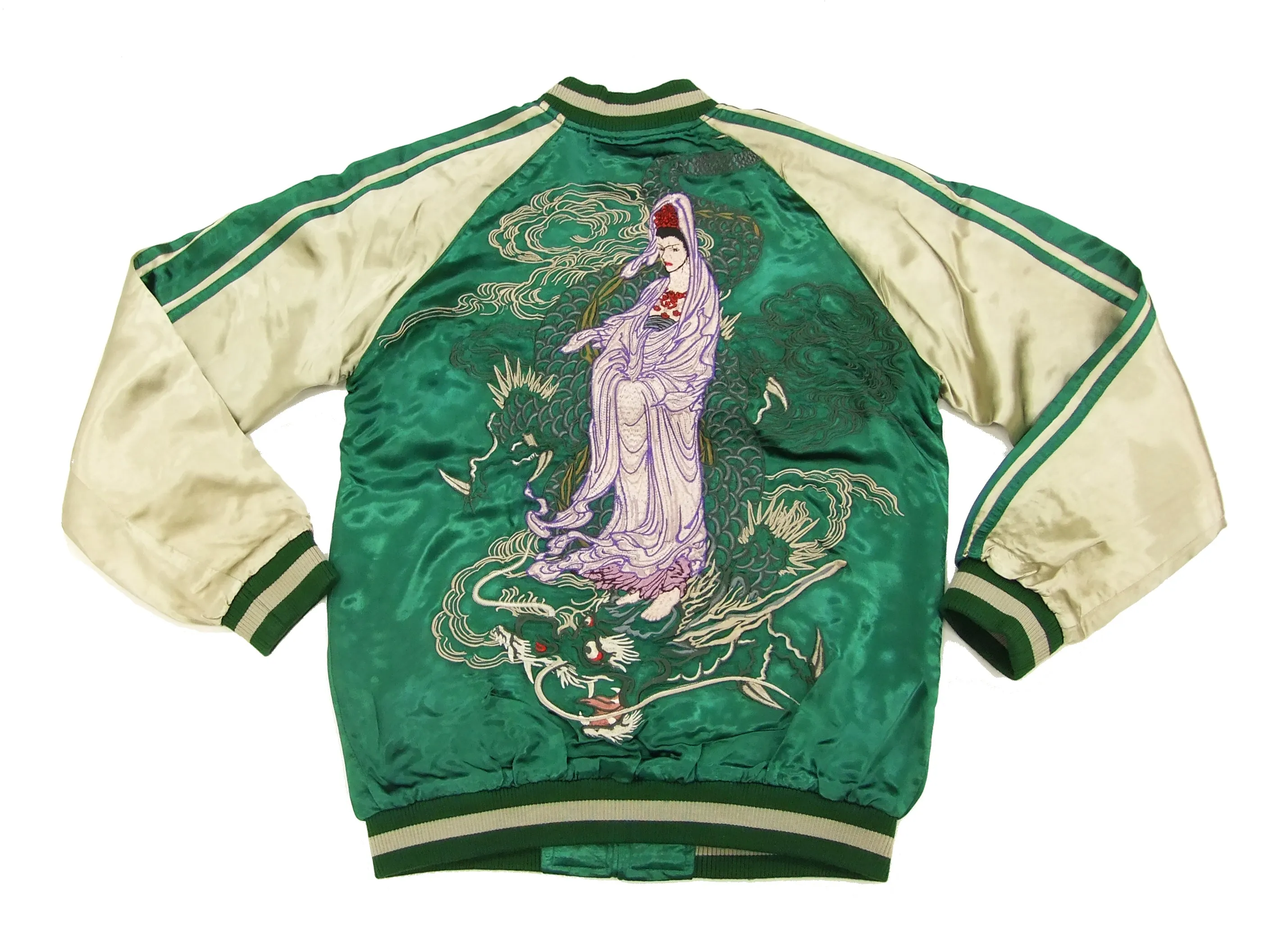 Satori Script Japanese Souvenir Jacket Guanyin Men's Sukajan GSJR-013 Green/Beige
