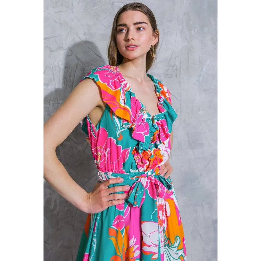 [Sizes SM-L] Floral Printed Woven Midi Dress in Teal Orange | Ruffled V Neckline Mid Calf