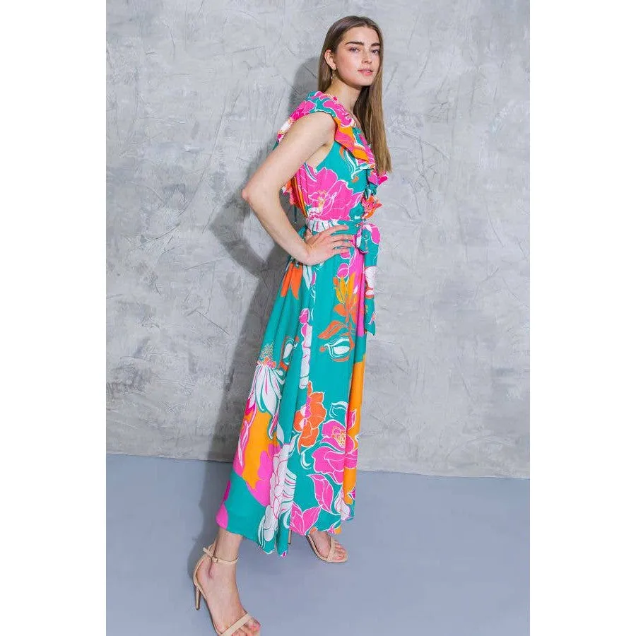 [Sizes SM-L] Floral Printed Woven Midi Dress in Teal Orange | Ruffled V Neckline Mid Calf