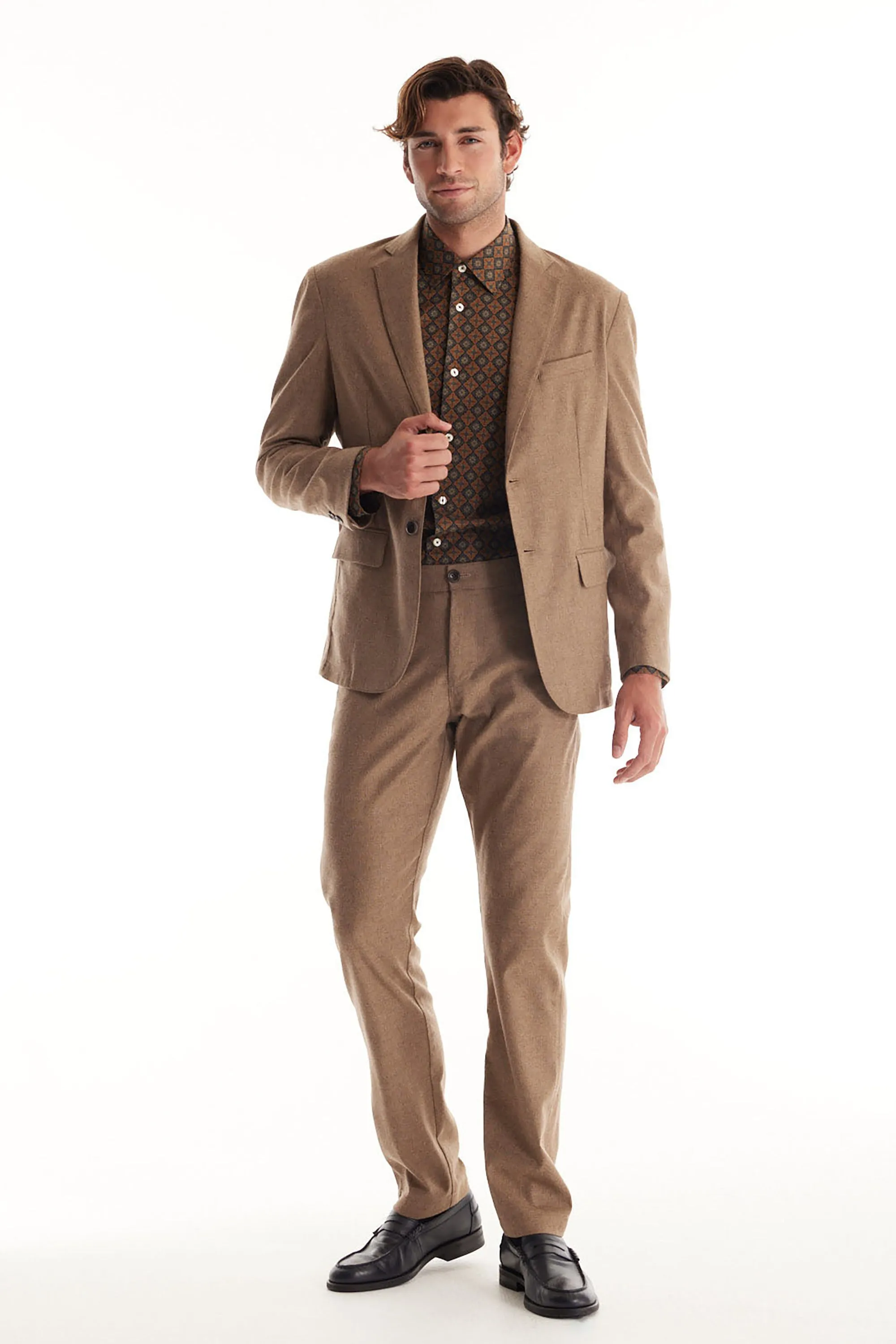 Soft Cloth Studio Suit Jacket in Heather Pinstripe - Camel