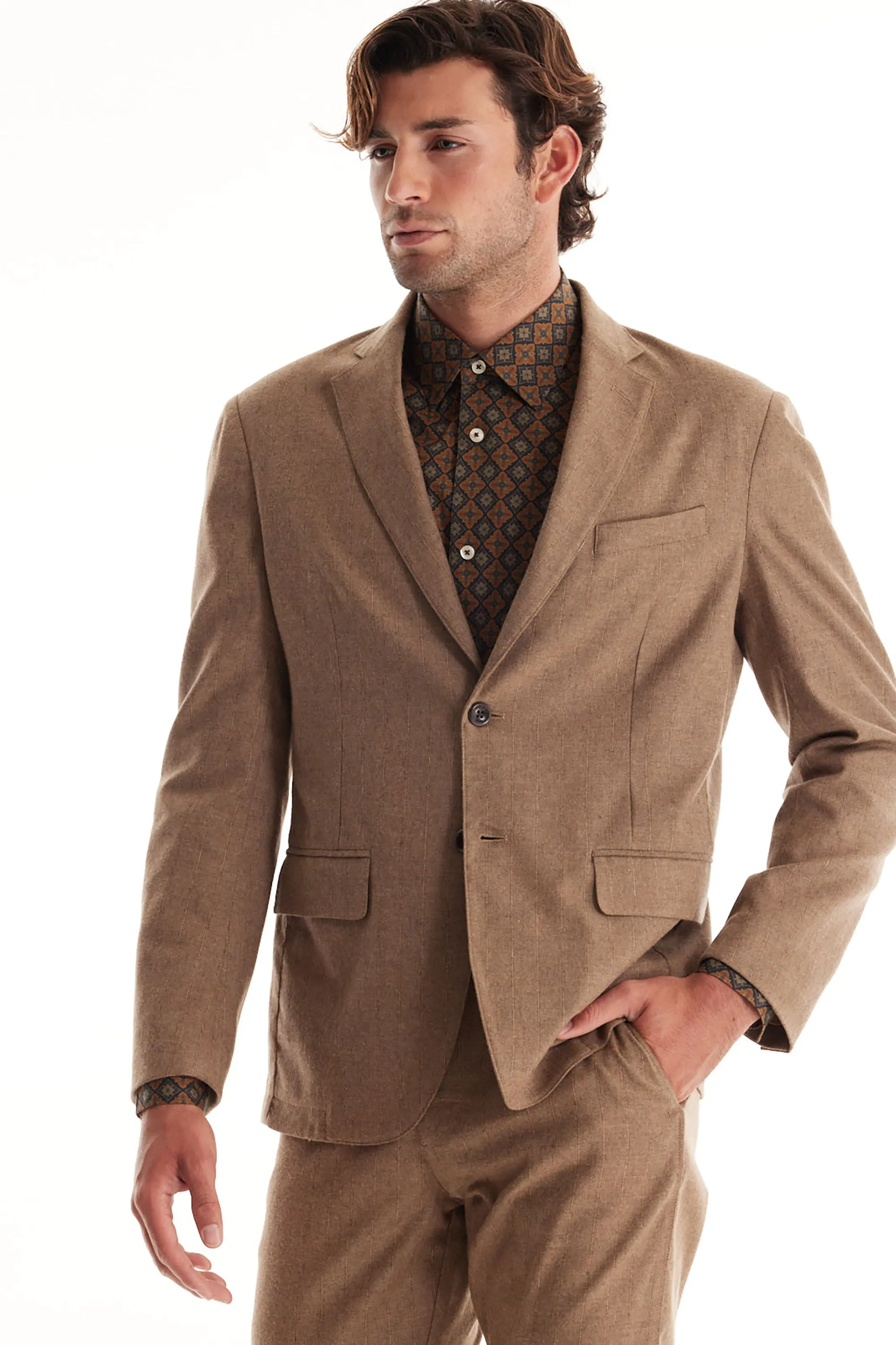 Soft Cloth Studio Suit Jacket in Heather Pinstripe - Camel