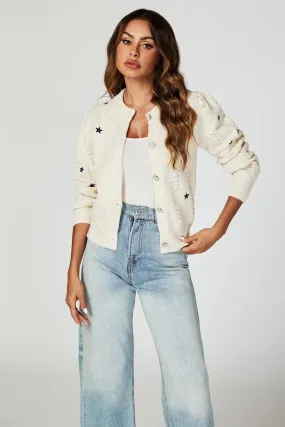 Star Embroidered Knitted Cardigan In Bone White