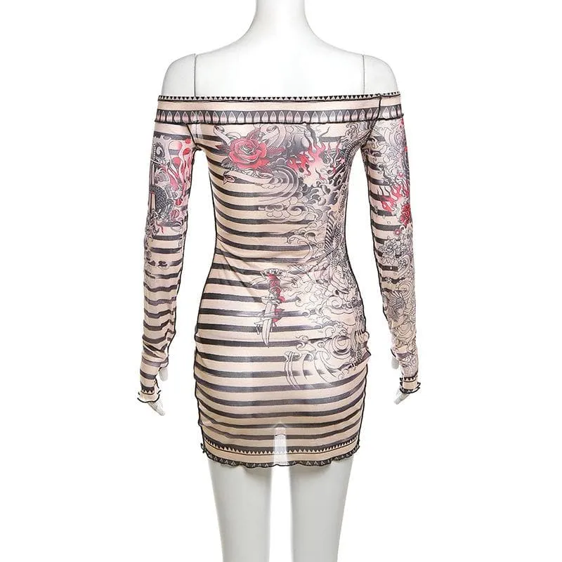 Stitch sheer mesh see through abstract off shoulder mini dress  | samba dress