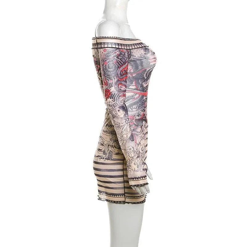 Stitch sheer mesh see through abstract off shoulder mini dress  | samba dress