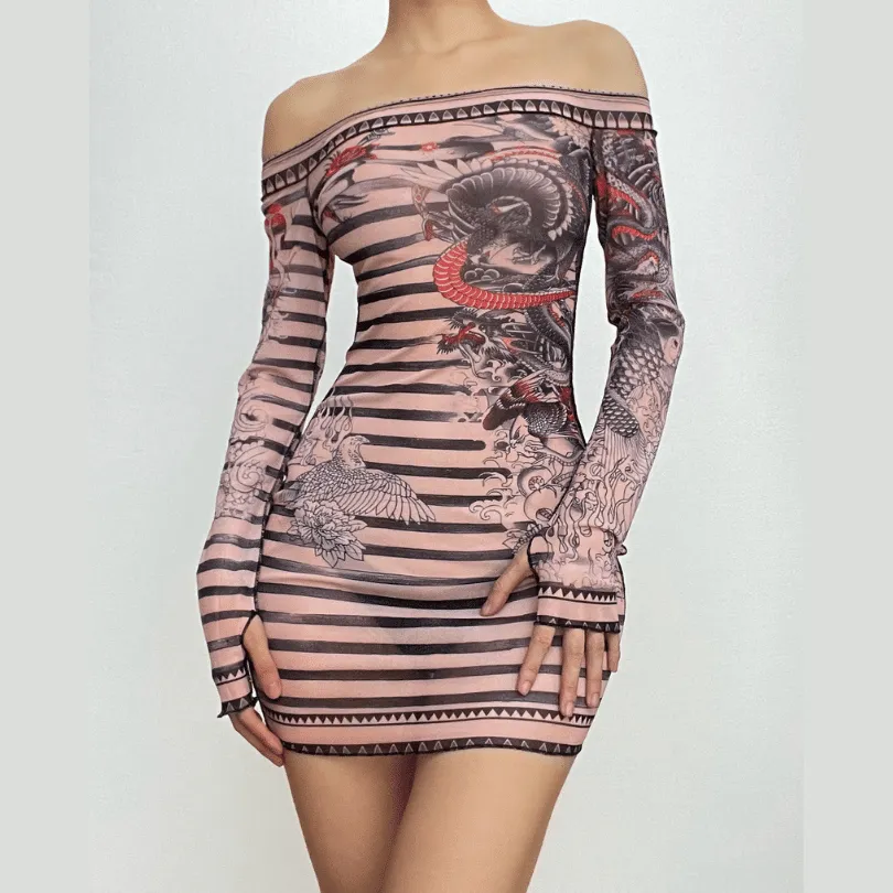 Stitch sheer mesh see through abstract off shoulder mini dress  | samba dress