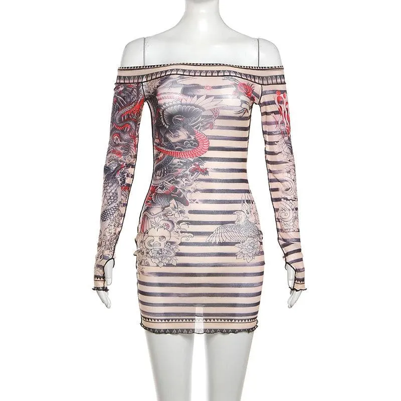 Stitch sheer mesh see through abstract off shoulder mini dress  | samba dress