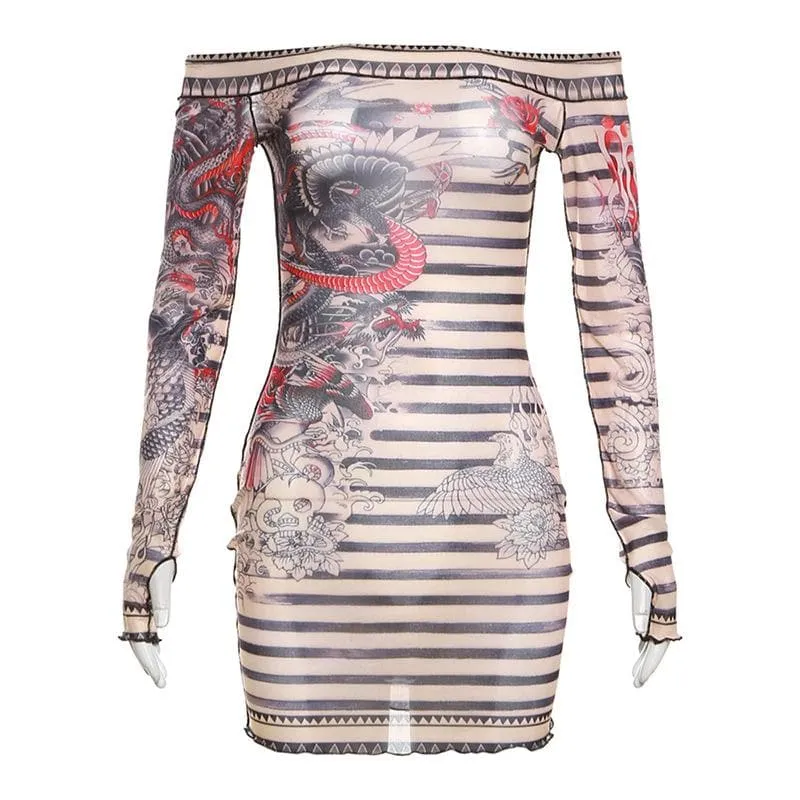 Stitch sheer mesh see through abstract off shoulder mini dress  | samba dress