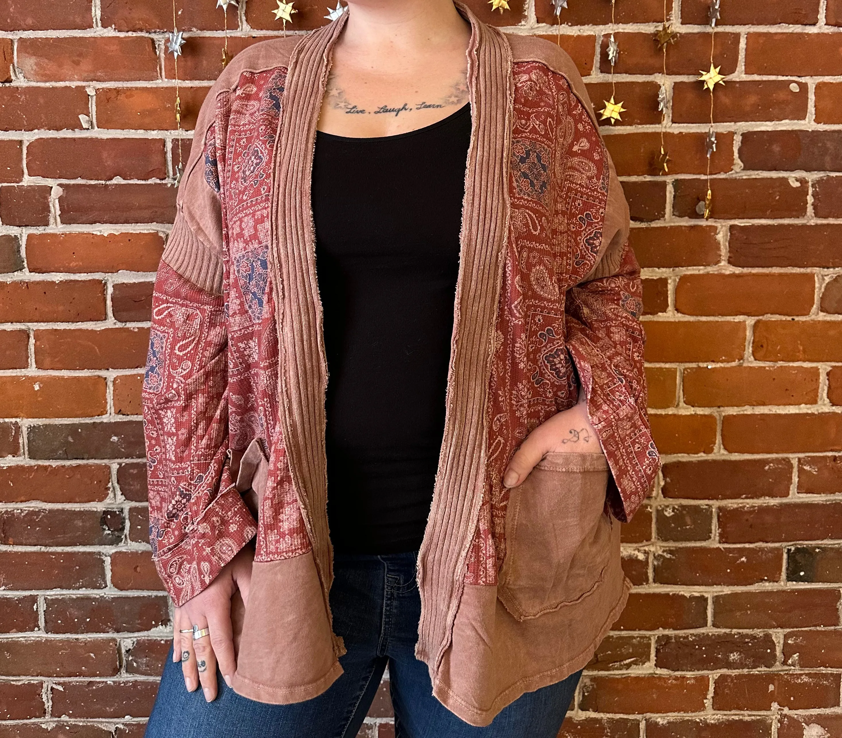 Stone Washed Patchwork Paisley Bohemian Cardigan - Clay