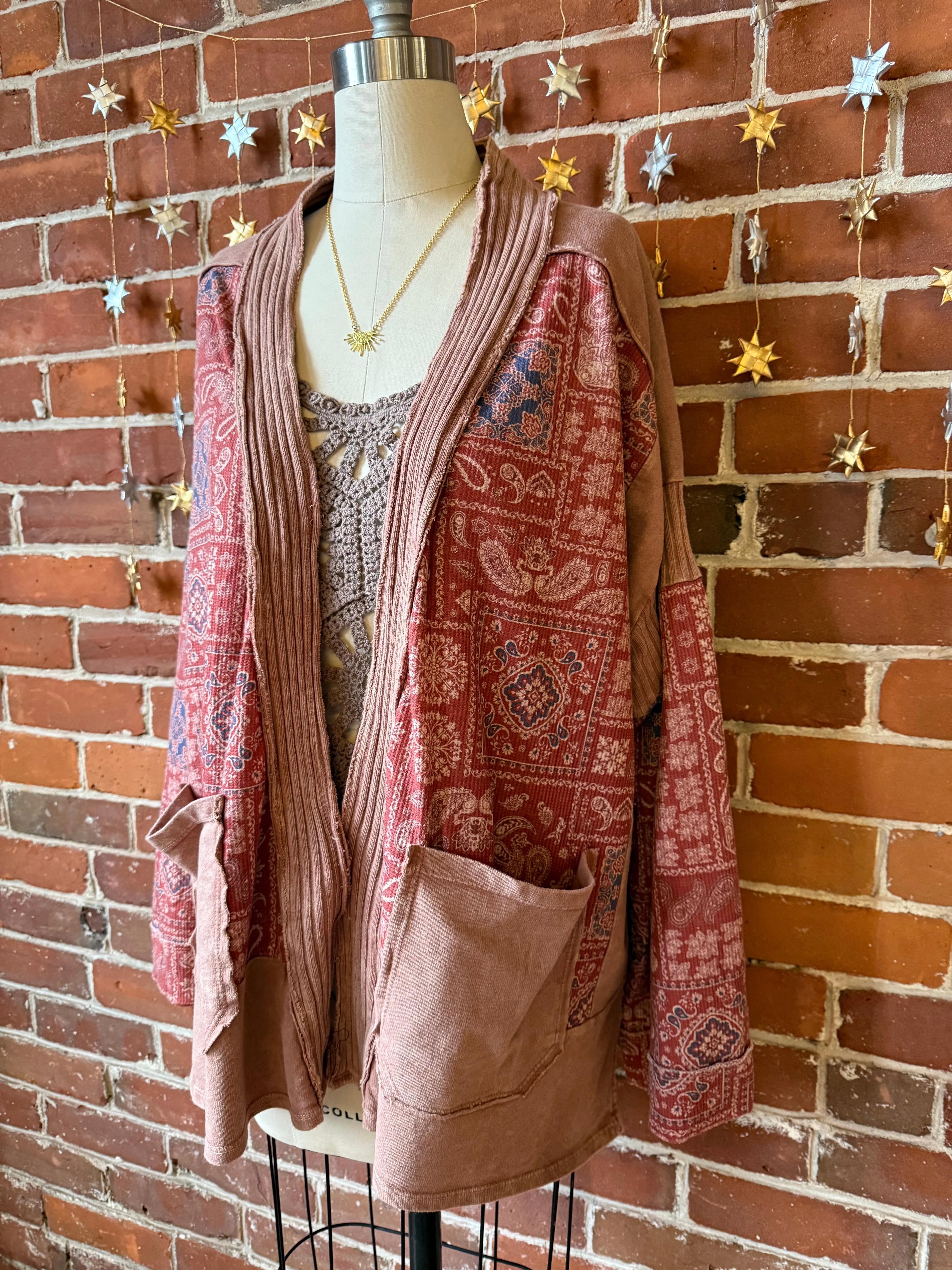 Stone Washed Patchwork Paisley Bohemian Cardigan - Clay