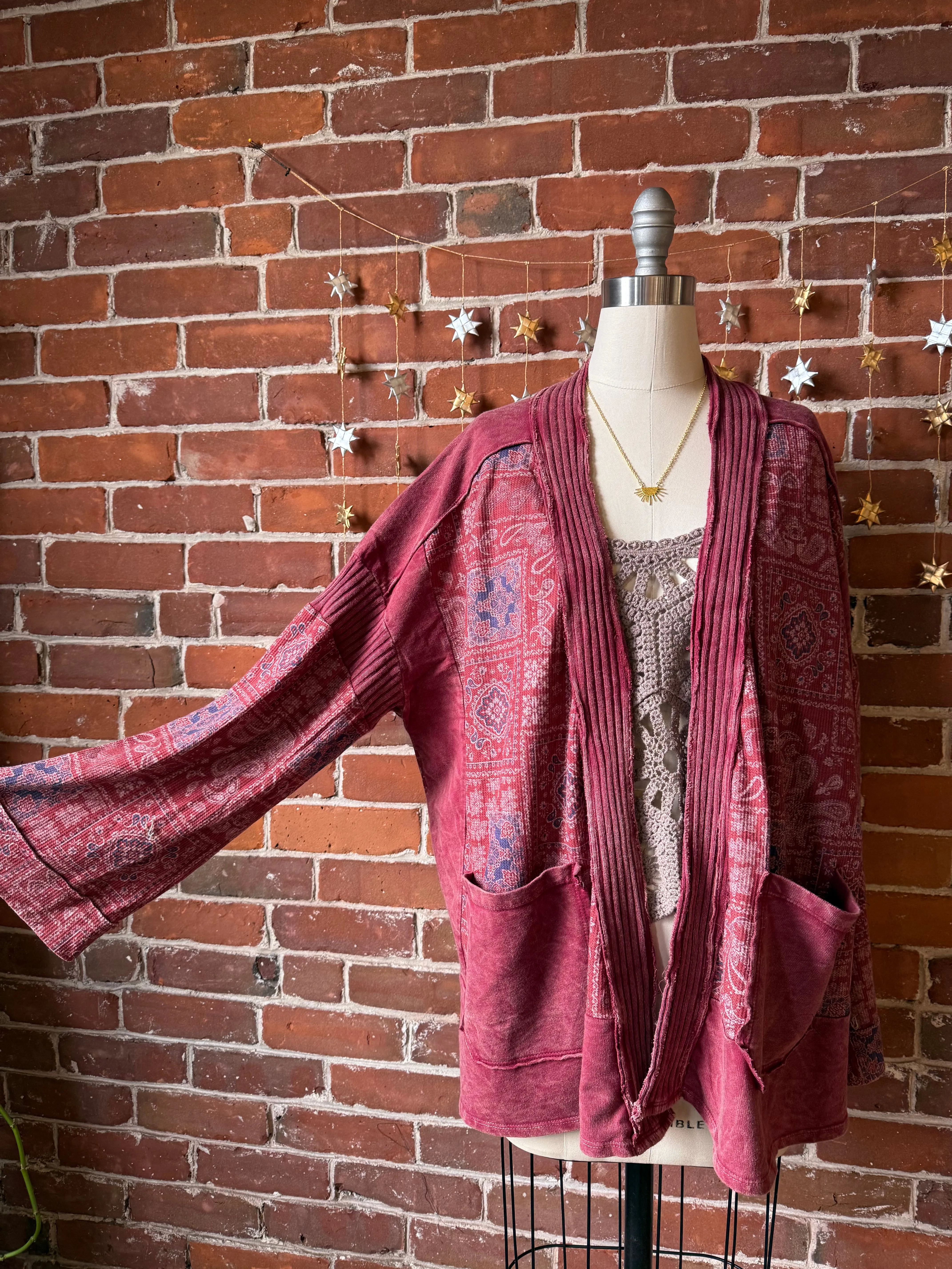 Stone Washed Patchwork Paisley Bohemian Cardigan - Merlot