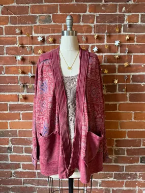 Stone Washed Patchwork Paisley Bohemian Cardigan - Merlot