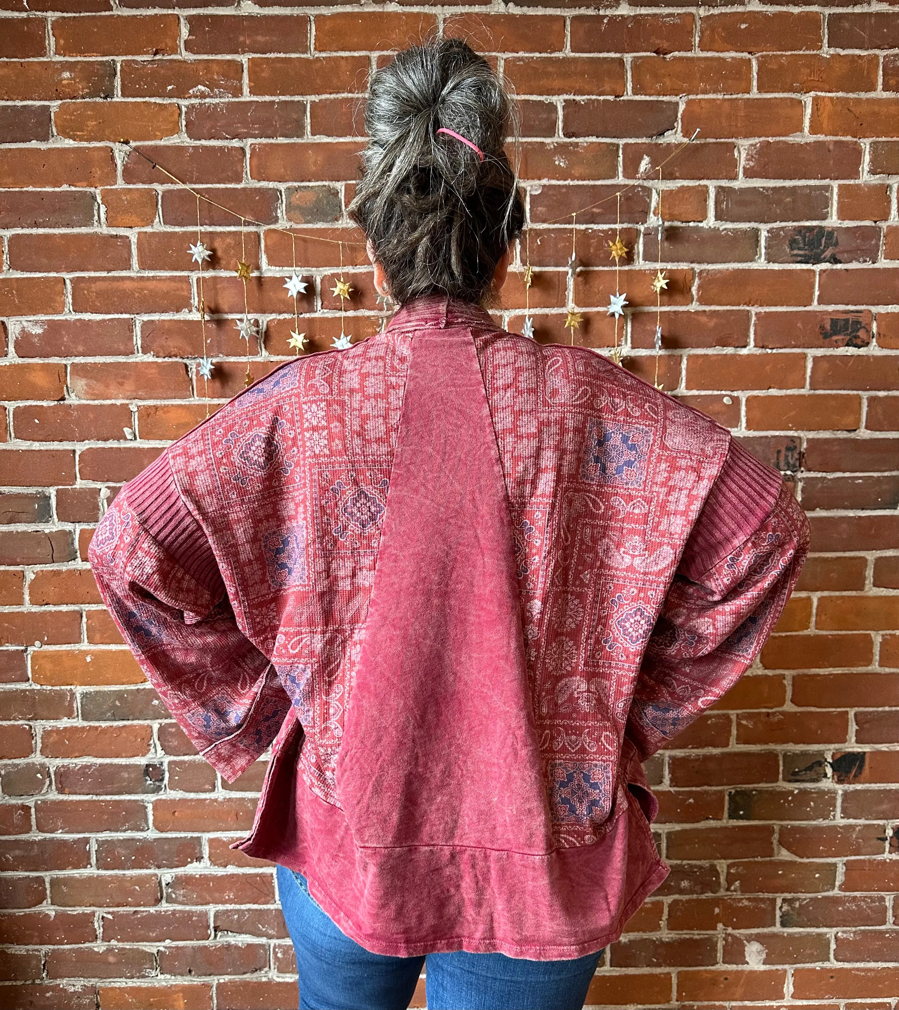 Stone Washed Patchwork Paisley Bohemian Cardigan - Merlot