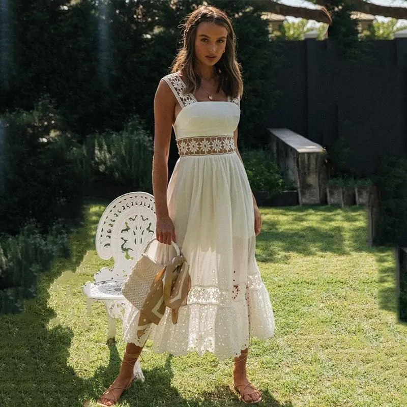 STRAP EMBROIDERY MIDI DRESS