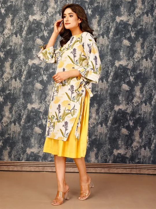 stylish spagetti viscose slub dress with printed overlays - Multi