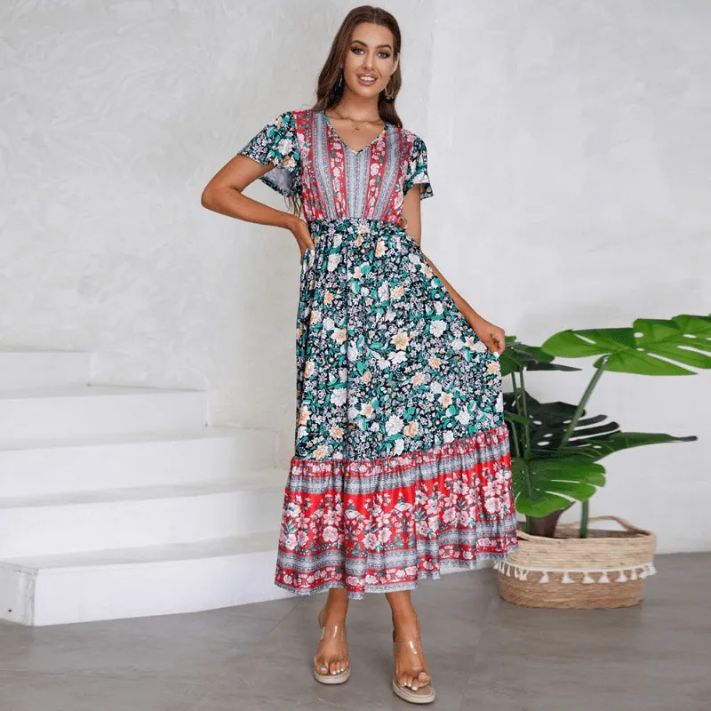 Summer V-neck Lichen Sleeve Print Long Dress