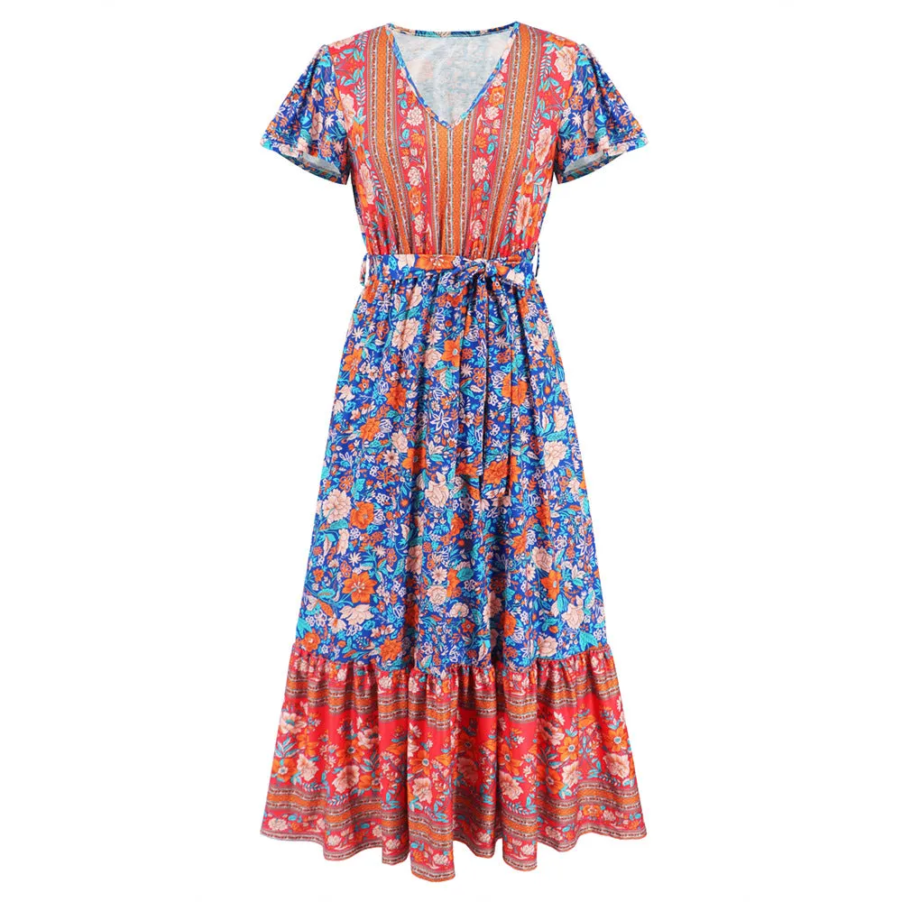 Summer V-neck Lichen Sleeve Print Long Dress